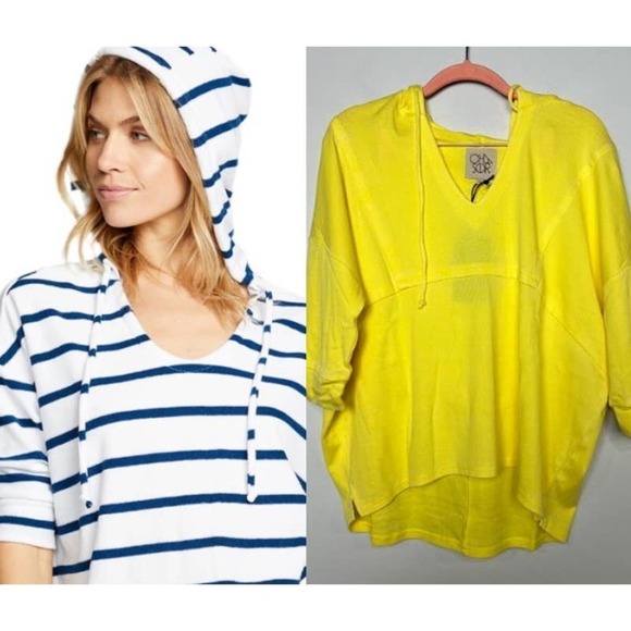 Chaser NWT V-Neck 3/4 Sleeve Drawstring Cropped Pullover Hoodie Yellow Sz Medium - Picture 1 of 10